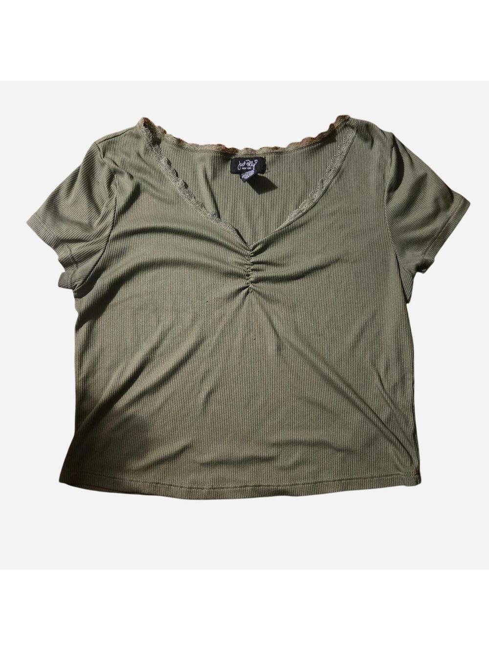 Just Polly New York Olive Green Ribbed Lace Trim V-Neck Short Sleeve